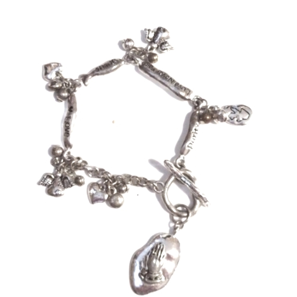 VINTAGE RELIGIOUS INSPIRATIONAL DANGLE CHARM SILVER-TONE TOGGLE CLASP 8"BRACELET